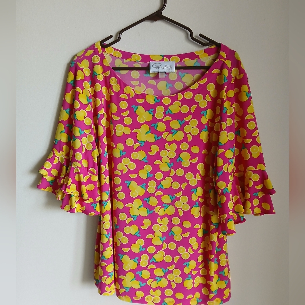 Pappagallo Lemon Print Top Ruffle Sleeve XL